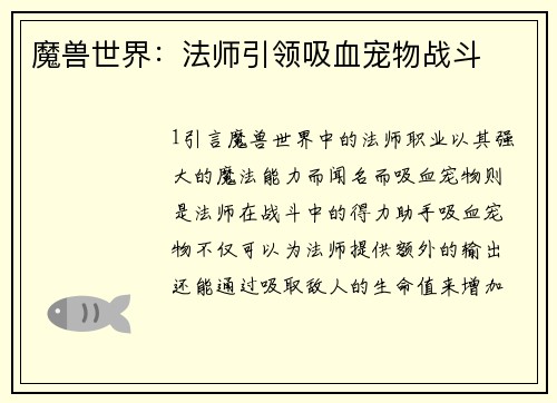 魔兽世界：法师引领吸血宠物战斗